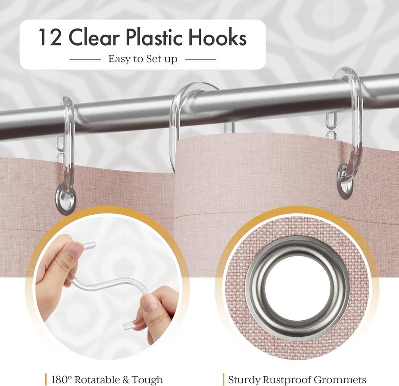 AmazerBath Pink Boho Shower Curtain with Tassels, Modern Farmhouse Shower Curtains for Bathroom, Pink Shower Curtain Fabric, Rustic Faux Linen Shower Curtain Set with Hooks, 72x72 Inches - Image 4
